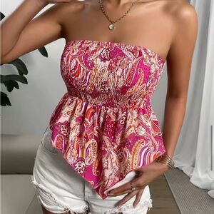 NEW Strapless Summer Top XL Pink Paisley Strapless Y2K Bohemian Ibiza Party